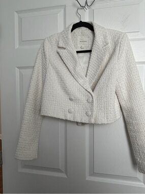 Avec Les Filles Ivory Cropped Tweed Double-Breasted Blazer